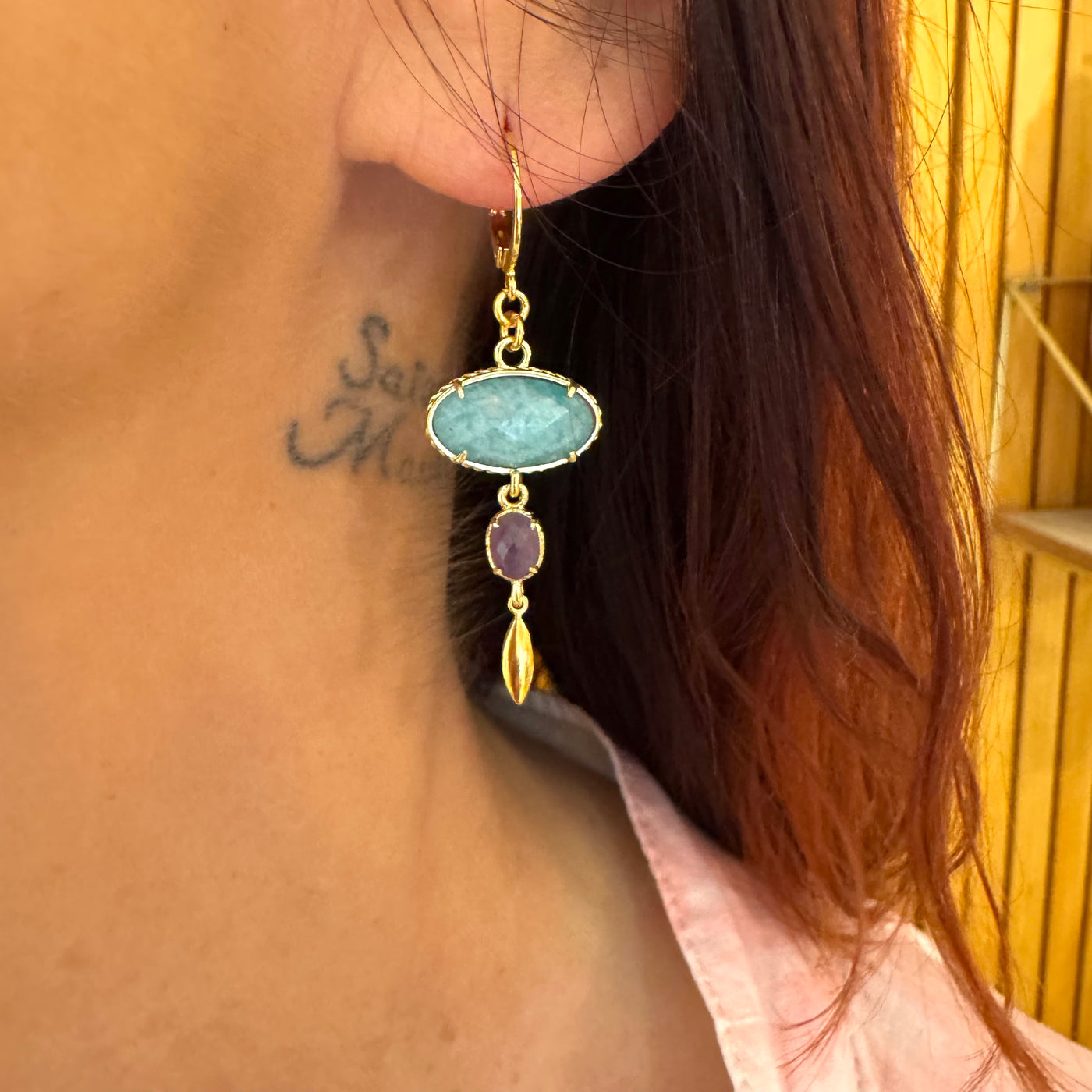 EMY - Boucles en plaqué or vert d'eau/mauve